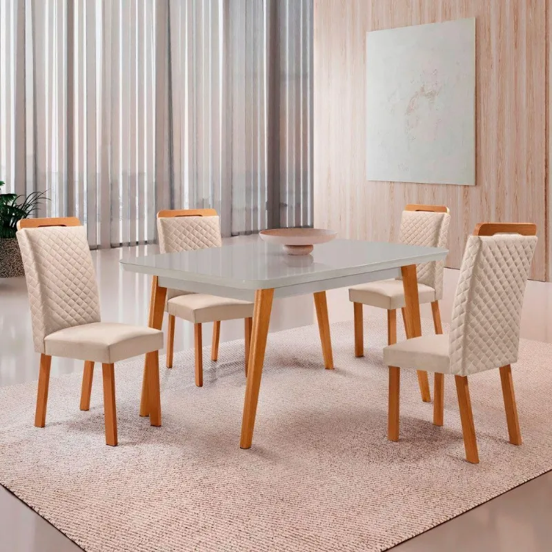 Mesa de Jantar Copper Lorena 4 Lugares MDF Veludo Off White 120CM Moderna