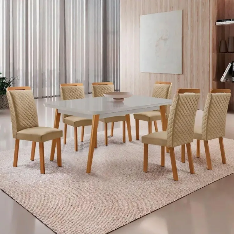 Mesa Jantar Copper Lorena 6 Lugares MDF Vidro Serigrafado Off White 180cm Moderna - Moderna