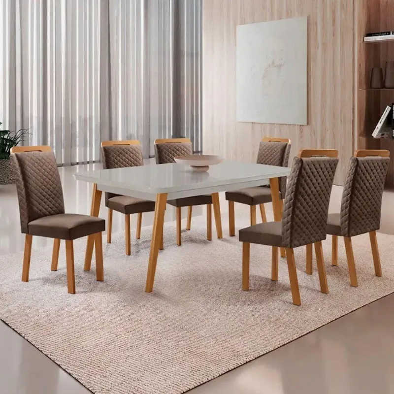 Mesa Copper 6 Lugares MDF Vidro Serigrafado Cadeiras Lorena Veludo Off White Moderna - Moderna
