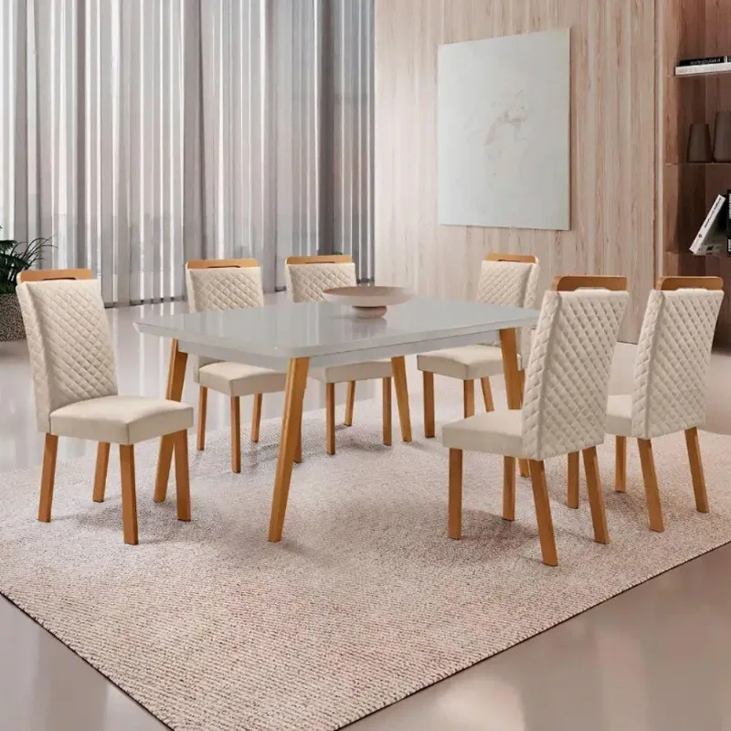 Mesa Copper 6 Lugares MDF Vidro Serigrafado Cadeiras Lorena Veludo Off White Moderna - Moderna