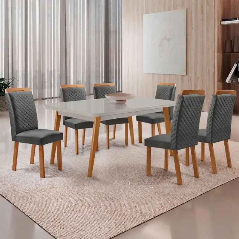 Mesa Copper 6 Lugares MDF Vidro com Cadeiras Lorena Linho Grafite 180cm Moderna - Moderna