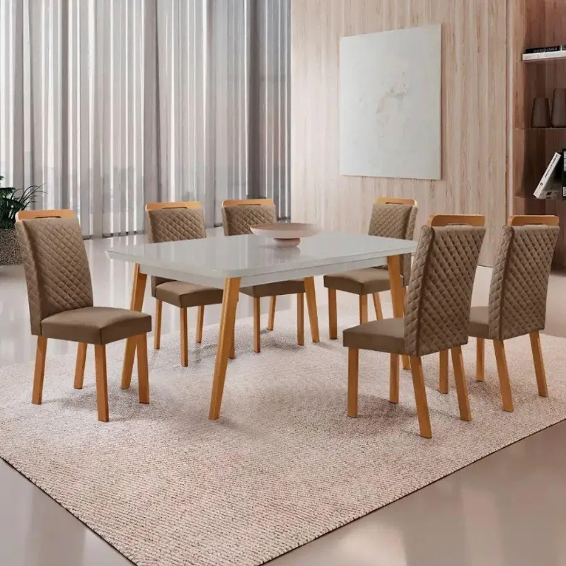 Mesa Copper 6 Lugares MDF Vidro Serigrafado Cadeiras Lorena Veludo Off White Moderna - Moderna