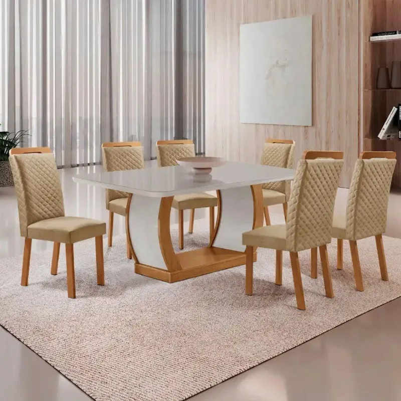 Mesa Jantar Milena 6 Lugares Vidro com Cadeiras Lorena Off White 180CM Moderna - Moderna