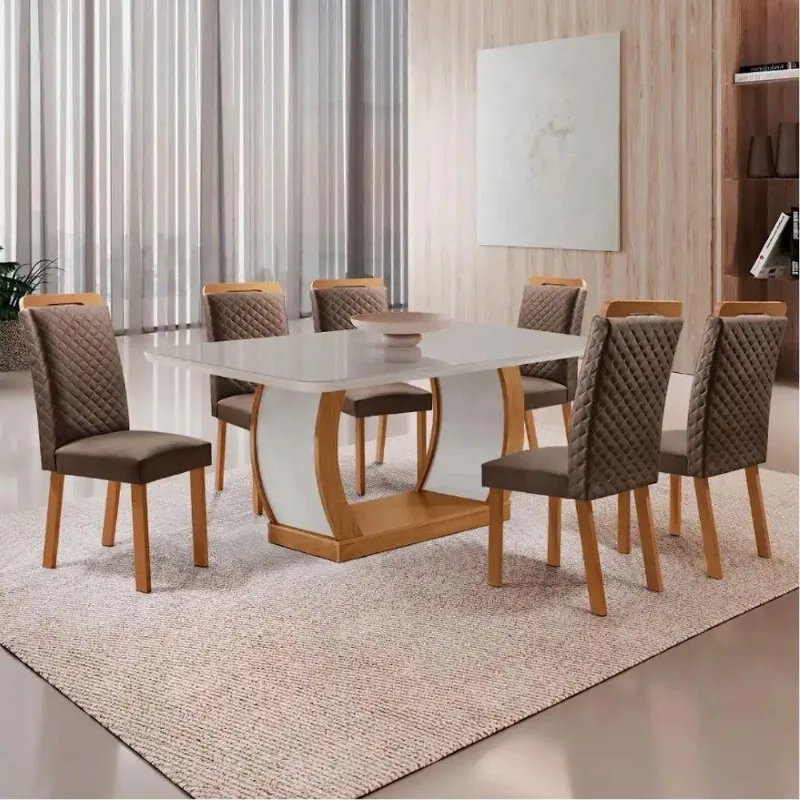 Mesa Jantar Milena 6 Lugares MDF Vidro com Cadeiras Lorena Veludo Off White 180CM Moderna - Moderna