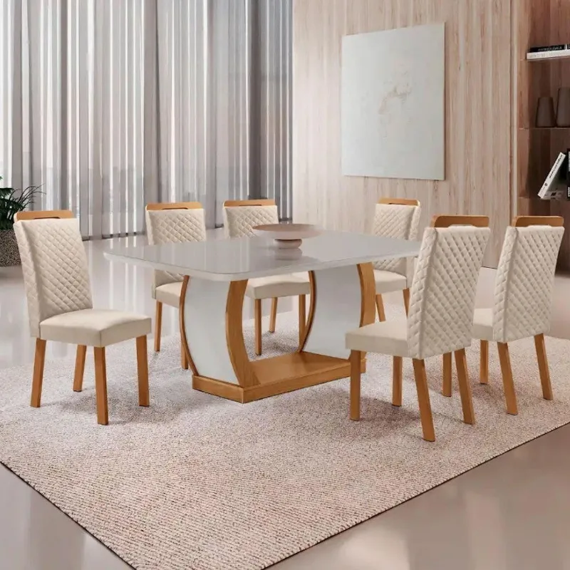 Mesa Jantar Milena 6 Lugares MDF Vidro Cadeiras Lorena Veludo Off White 180cm Moderna - Moderna