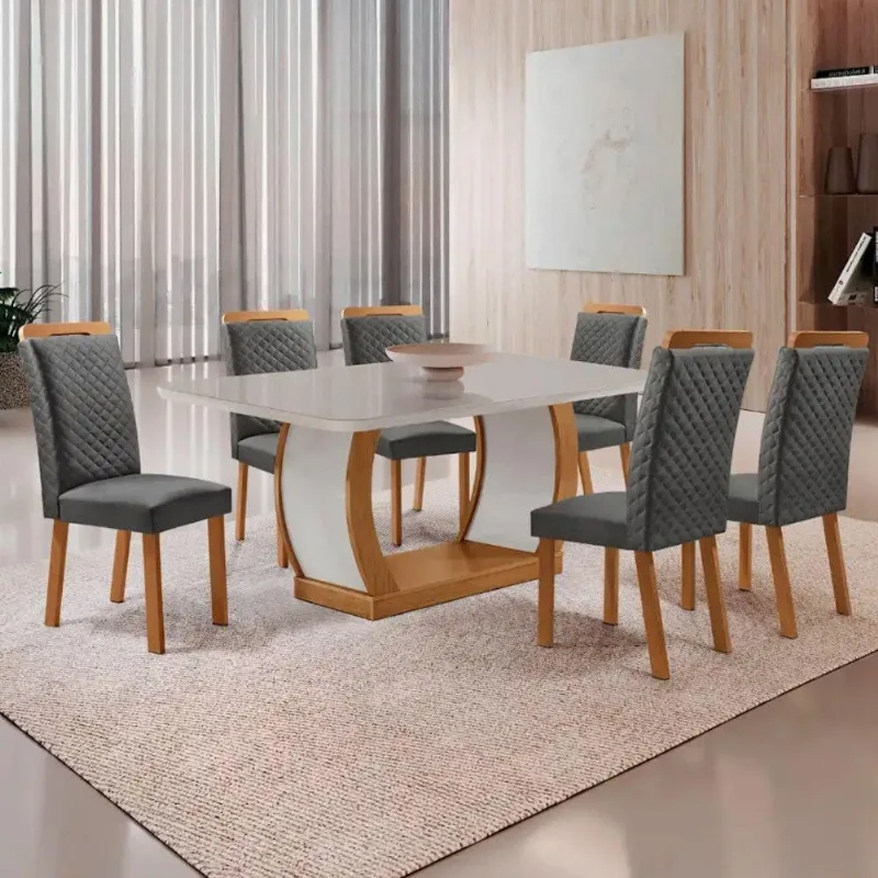Mesa Jantar Milena 6 Lugares MDF Vidro Cadeiras Lorena Linho Off White 180CM Moderna - Moderna