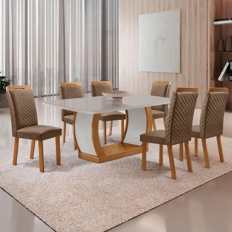 Conjunto de Jantar Milena 6 Lugares MDF Vidro com Cadeiras Lorena Veludo Off White Moderna - Moderna