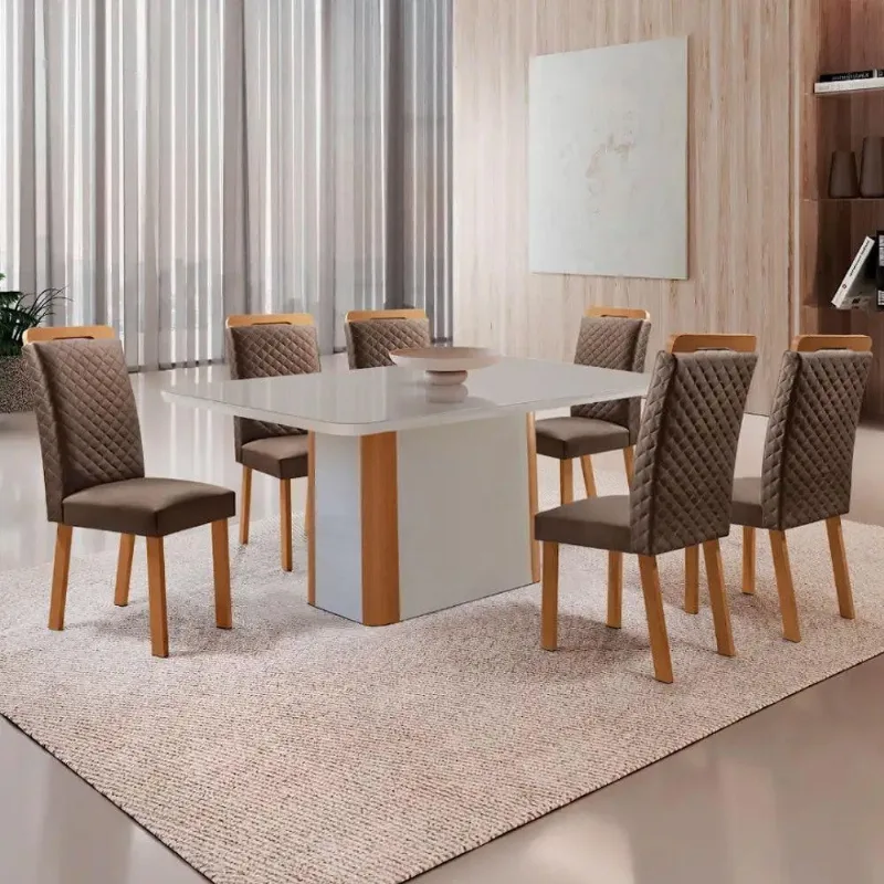 Conjunto Jantar Isadora 6 Lugares MDF Vidro Serigrafado Off White 180CM Moderna - Moderna