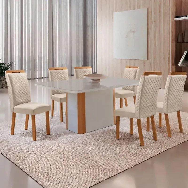 Conjunto Jantar Isadora 6 Lugares MDF Vidro Serigrafado Off White 180CM Moderna - Moderna