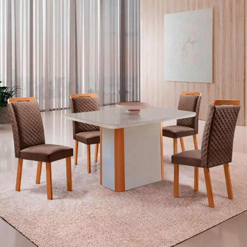 Mesa Jantar Isadora 4 Lugares MDF Vidro Serigrafado Cadeiras Lorena Off White Moderna