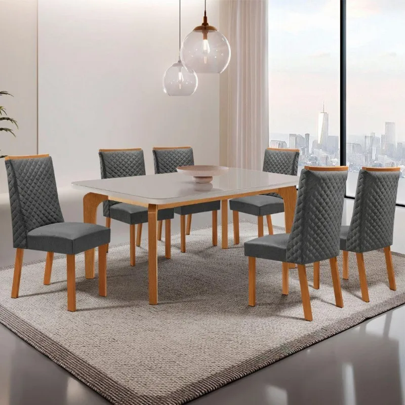 Mesa de Jantar Liz 6 Lugares Retangular Vidro 180CM Off White Moderna - Moderna