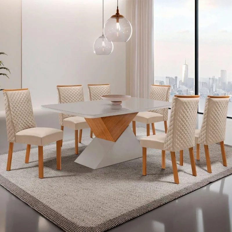 Conjunto de Jantar Aster 6 Lugares Tampo MDF com Cadeiras Yasmin Veludo Creme 180CM Moderna - Moderna
