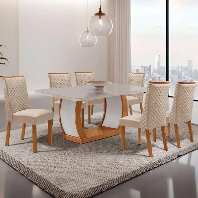 Mesa de Jantar Milena 6 Lugares MDF Vidro Serigrafado Off White 180CM Moderna - Moderna