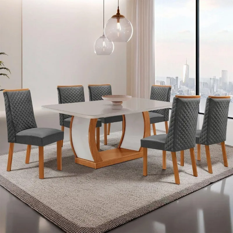 Mesa de Jantar Milena Yasmin 6 Lugares MDF Vidro Serigrafado Off White 180CM Moderna - Moderna