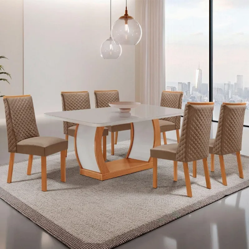 Mesa Jantar Milena 6 Lugares Vidro Serigrafado Cadeiras Yasmin Veludo Off White Moderna - Moderna