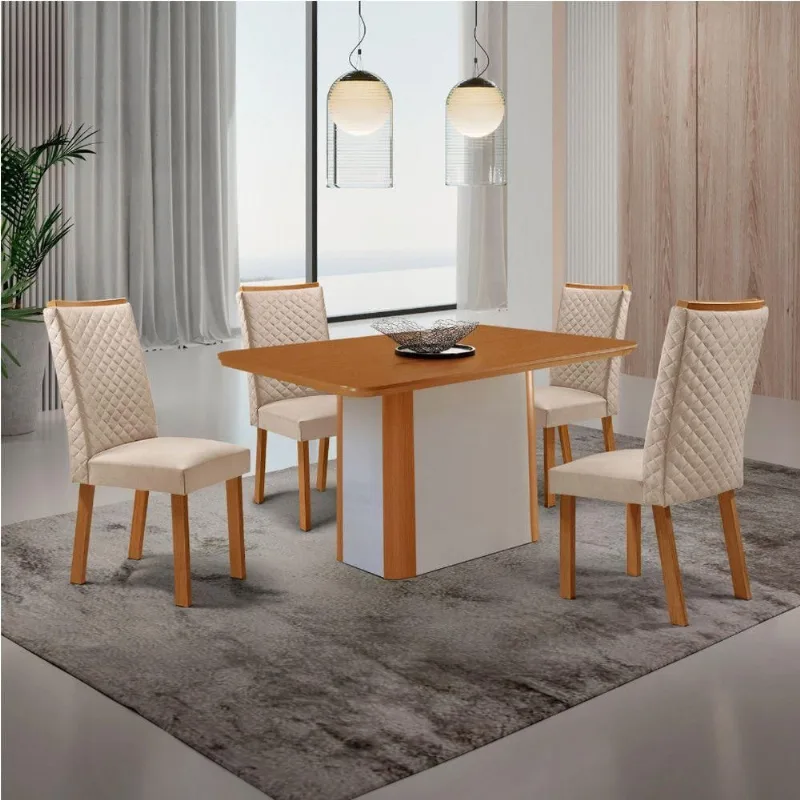 Conjunto Jantar Isadora 4 Lugares MDF Cadeiras Lira Veludo Off White 120CM Moderna - Moderna