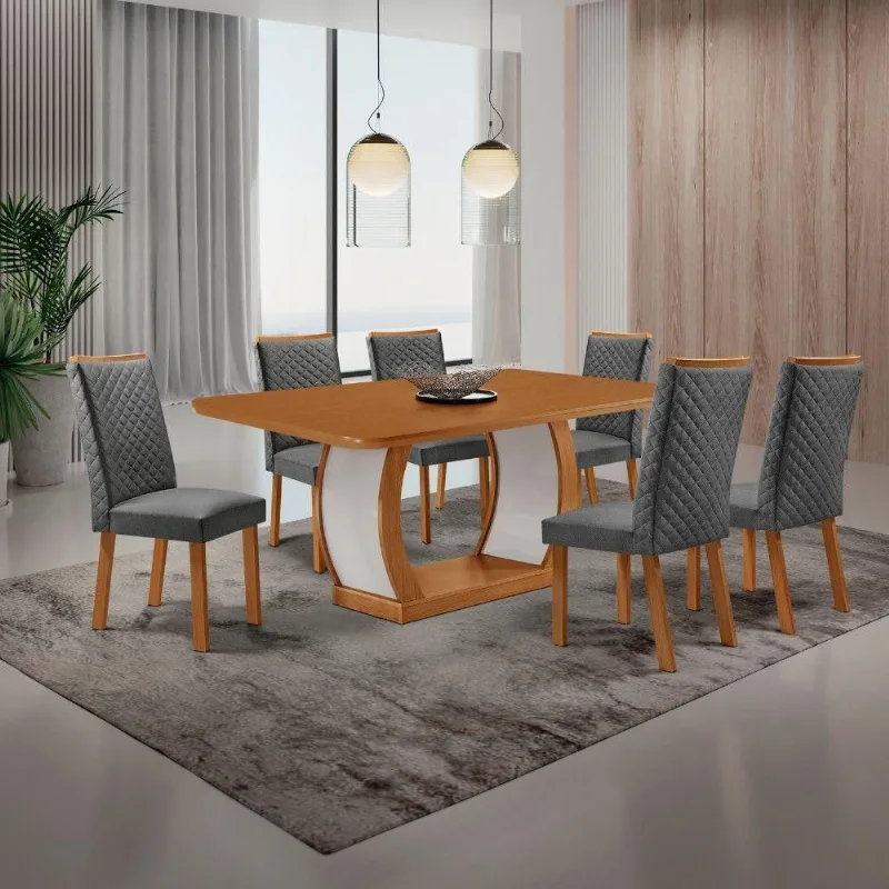 Conjunto de Jantar Milena 6 Lugares Tampo MDF Canto Copo Cadeiras Lira Linho Grafite 180CM Moderna - Moderna