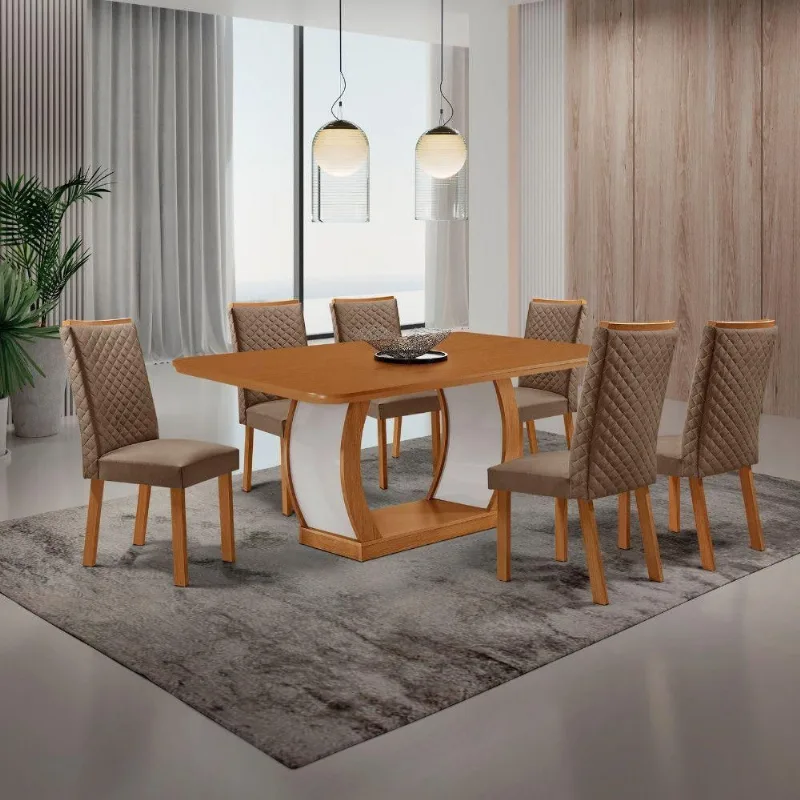 Conjunto de Jantar Milena 6 Lugares Tampo MDF com Cadeiras Lira Veludo Off White 180CM Moderna - Moderna