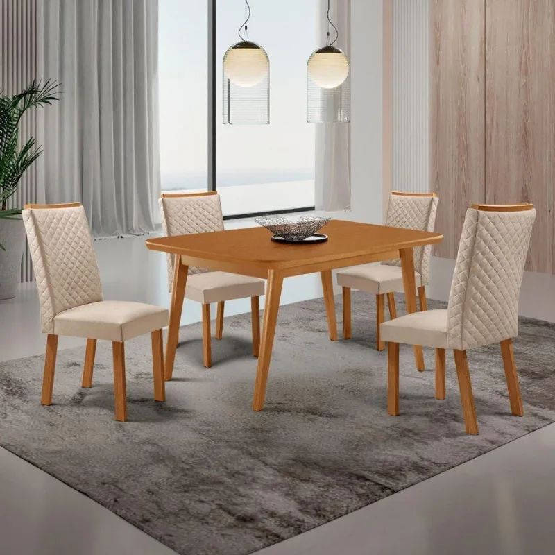 Conjunto de Jantar Copper Lira 4 Lugares MDF Veludo Creme 120CM Moderna - Moderna