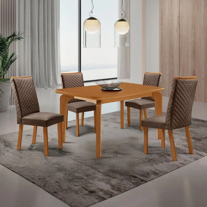 Mesa de Jantar Liz 4 Lugares MDF Canto Copo Cadeiras Veludo Marrom 120CM Moderna