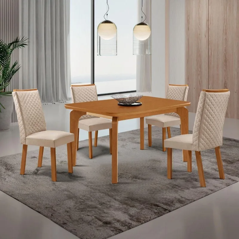 Conjunto Jantar Liz 4 Lugares MDF Cadeiras Lira Veludo Creme 120CM Moderna - Moderna