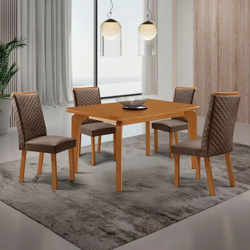 Conjunto Jantar Liz 4 Lugares MDF Cadeiras Lira Veludo Capuccino 120CM Moderna - Moderna