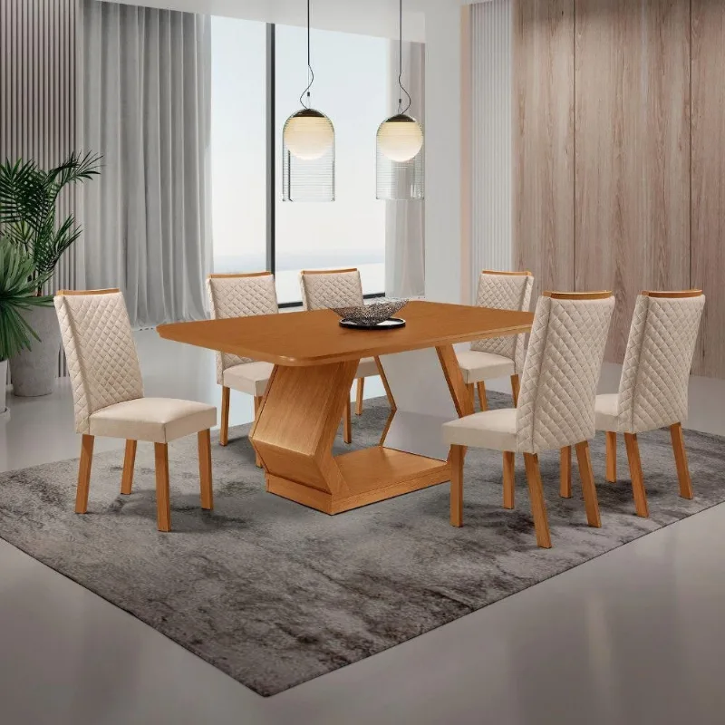 Conjunto Jantar Alvorada Lira 6 Lugares MDF Veludo Off White 180CM Moderna - Moderna