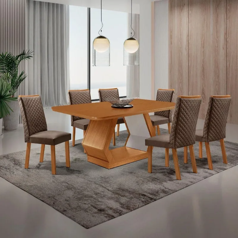 Conjunto Jantar Alvorada 6 Lugares MDF Cadeiras Lira Veludo Off White 180CM Moderna - Moderna