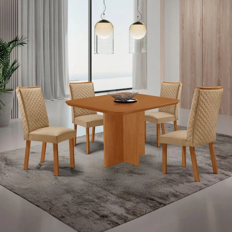 Conjunto Jantar Olimpia 4 Lugares MDF Canto Copo Cadeiras Lira Amadeirado Moderna - Moderna