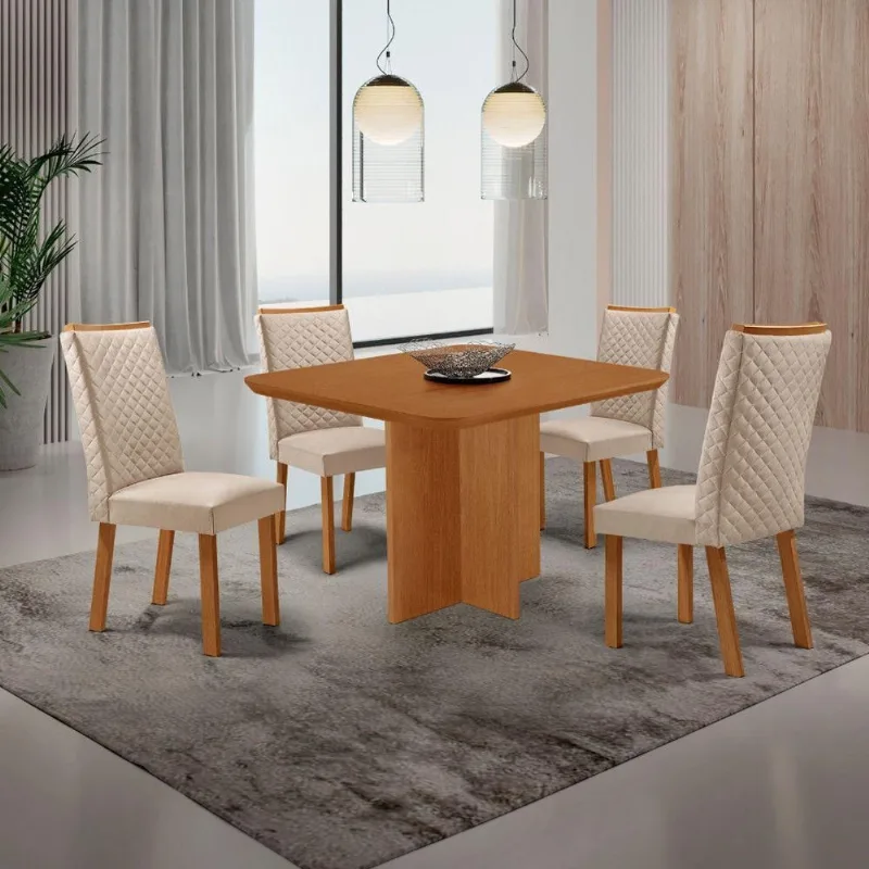 Conjunto Jantar Olimpia 4 Lugares Tampo MDF Cadeiras Lira Veludo Creme 90CM Moderna - Moderna