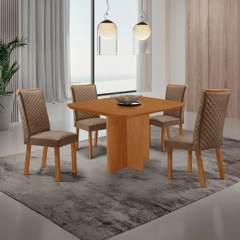 Conjunto Jantar Olimpia Lira 4 Lugares MDF Veludo Caramelo 90CM Moderna - Moderna