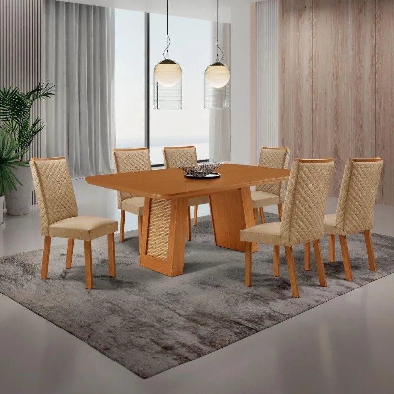 Mesa Carolina 6 Lugares Retangular MDF 180cm Amadeirado com Cadeiras Lira Moderna - Moderna