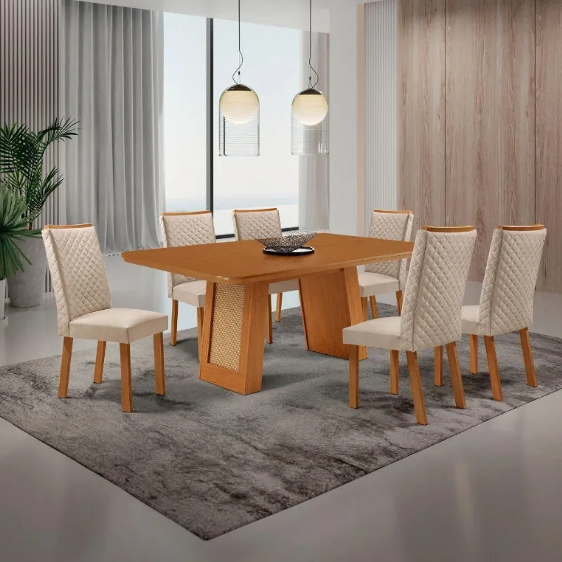 Conjunto Mesa Carolina 6 Lugares Retangular MDF 180CM Creme Moderna - Moderna