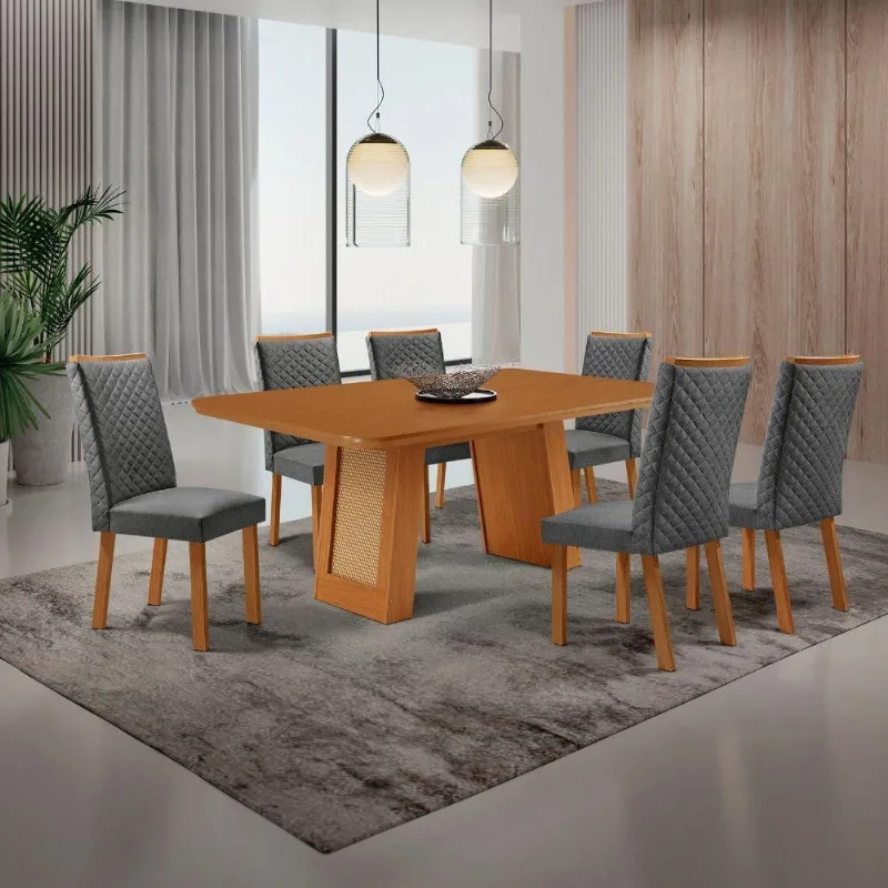 Mesa de Jantar Carolina 6 Lugares MDF Cadeiras Lira Linho Grafite 180CM Moderna - Moderna
