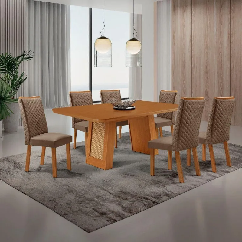 Mesa Carolina 6 Lugares Retangular MDF 180cm com Cadeiras Lira Caramelo Moderna - Moderna