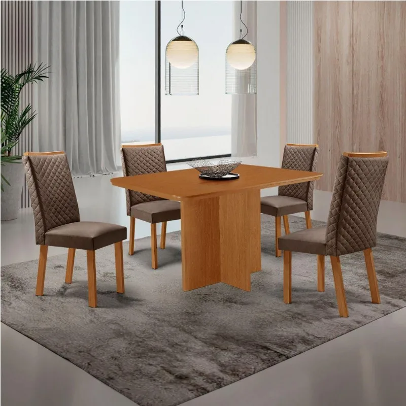 Conjunto Jantar Olimpia 4 Lugares MDF Copo Cadeiras Lira Veludo Marrom 120CM Moderna - Moderna
