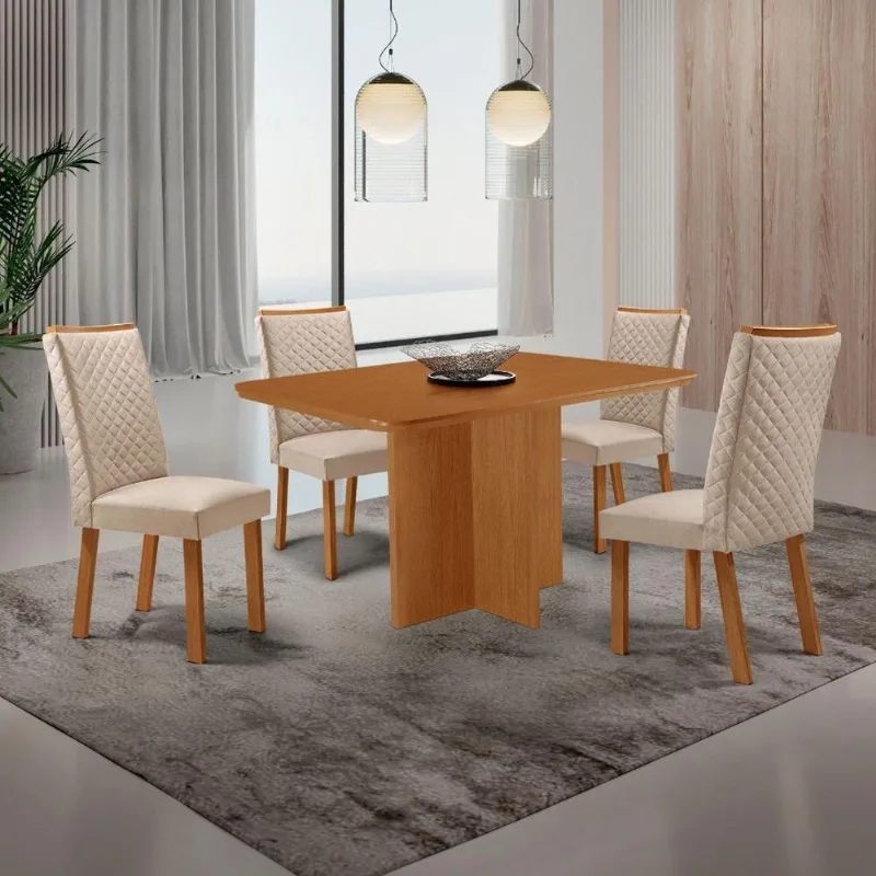 Conjunto Jantar Olimpia 4 Lugares MDF Cadeiras Lira Veludo Creme 120CM Moderna - Moderna
