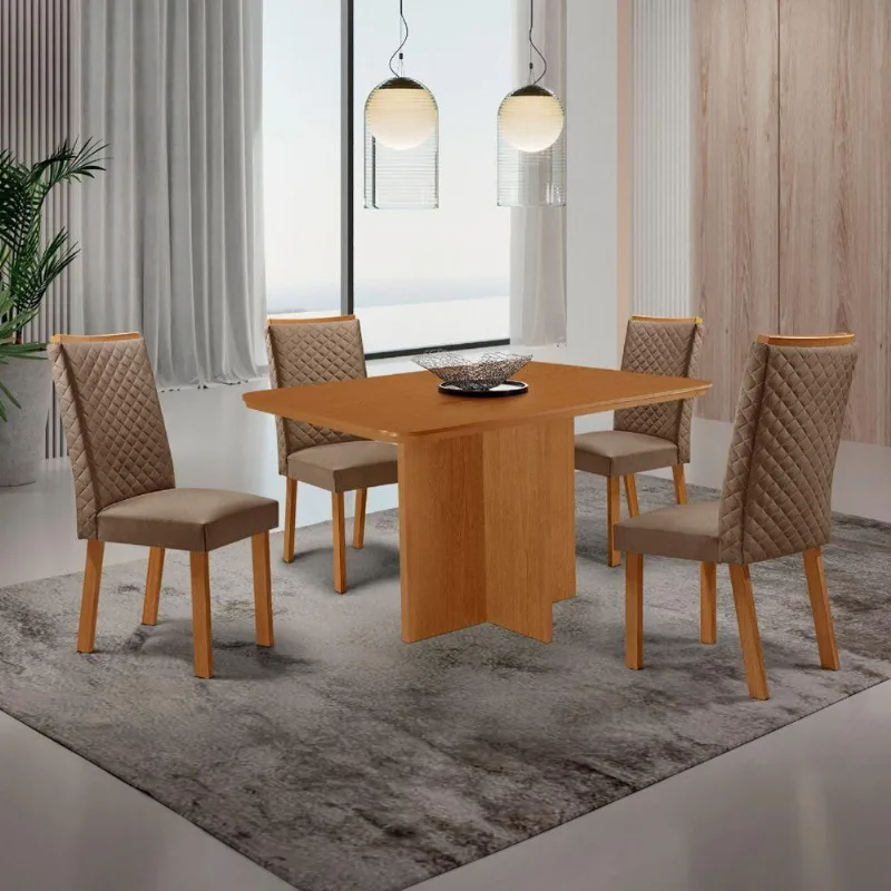 Conjunto Jantar Olimpia 4 Lugares MDF Cadeiras Lira Veludo Capuccino 120CM Moderna - Moderna