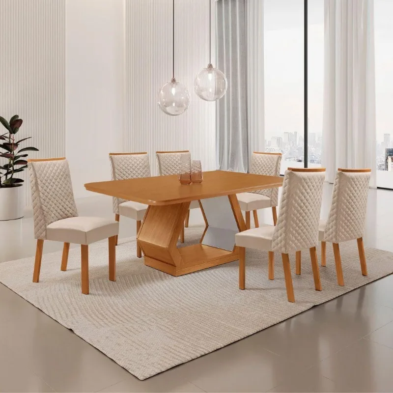 Mesa de Jantar Alvorada 6 Lugares Retangular MDF 180CM Creme e Natural com Cadeiras Yasmin Moderna - Moderna