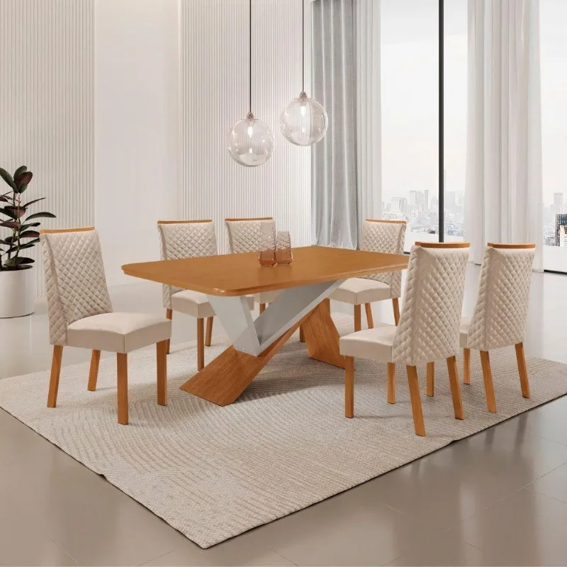 Mesa de Jantar Yasmin 6 Lugares Tampo MDF com Cadeiras em Veludo Creme 180CM Moderna