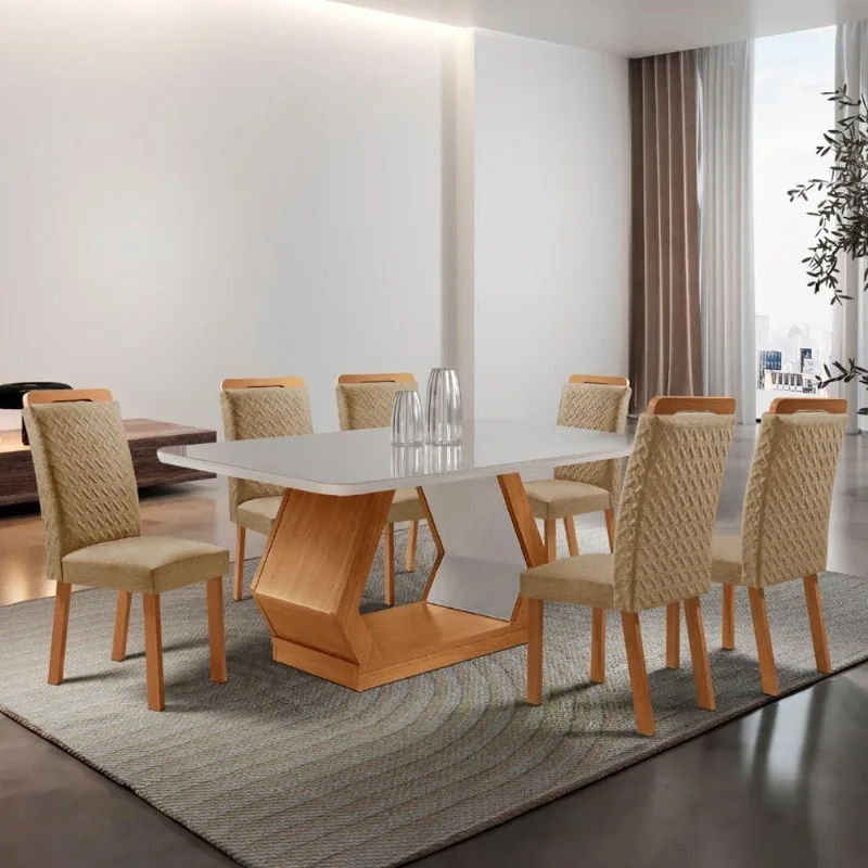 Mesa de Jantar Alvorada 6 Lugares Retangular com Vidro 180CM Off White Moderna