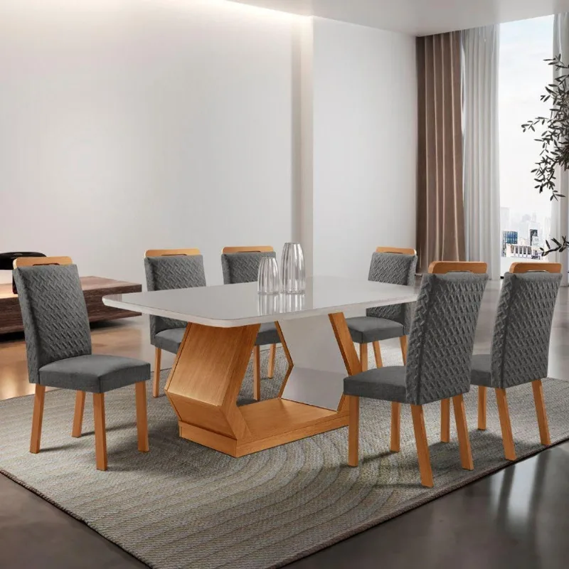 Conjunto de Jantar Alvorada 6 Lugares Tampo em Vidro com Cadeiras Estofadas Grafite 180CM Moderna