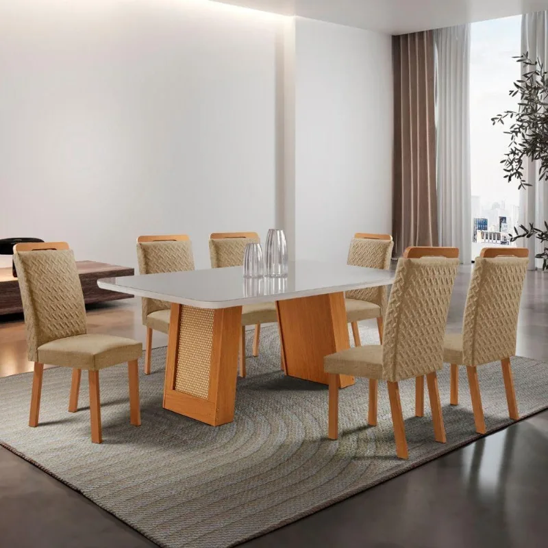 Mesa de Jantar Carolina 6 Lugares Retangular com Tampo em Vidro 180CM Off White Moderna