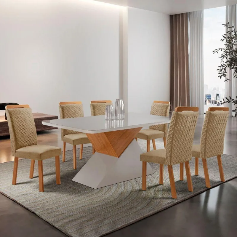 Mesa de Jantar Aster 6 Lugares Retangular MDF com Vidro 180CM Off White Moderna