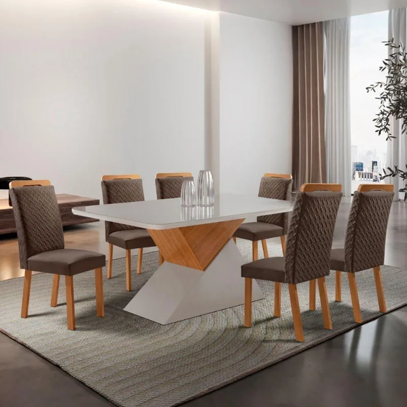 Mesa de Jantar Aster 6 Lugares Retangular MDF com Vidro 180CM Off White Moderna