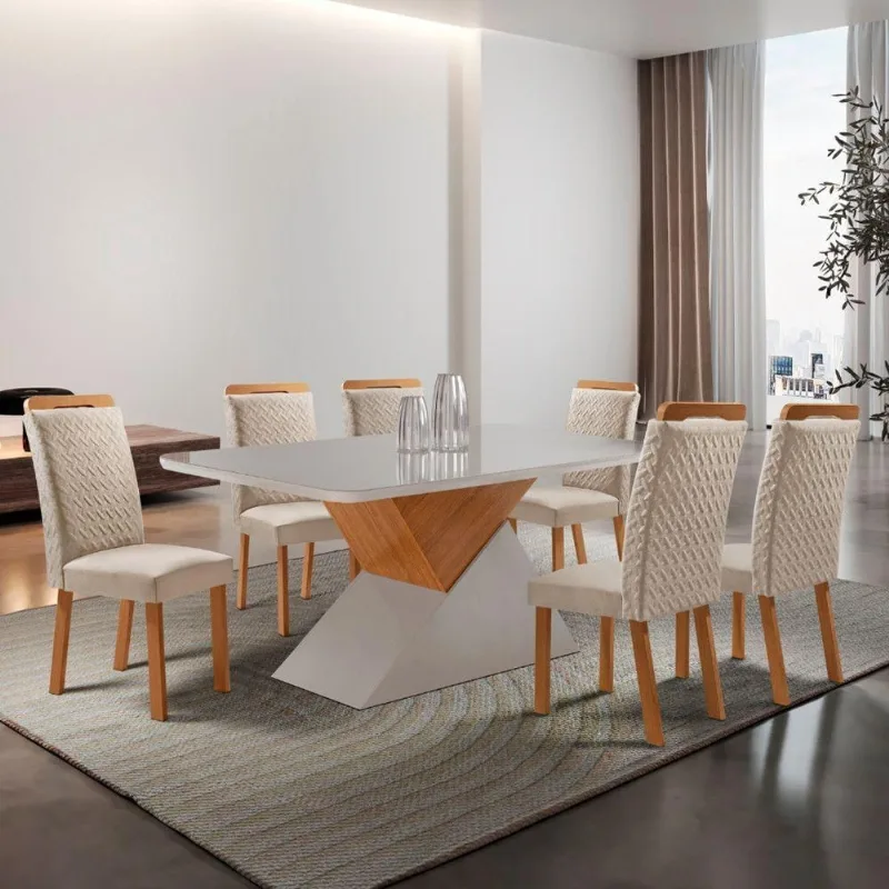 Mesa de Jantar Aster 6 Lugares Retangular MDF com Vidro 180CM Off White Moderna