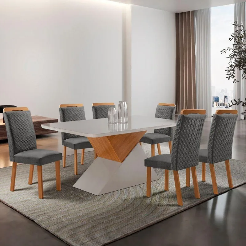 Mesa de Jantar Aster 6 Lugares Retangular MDF com Vidro 180CM Grafite Moderna
