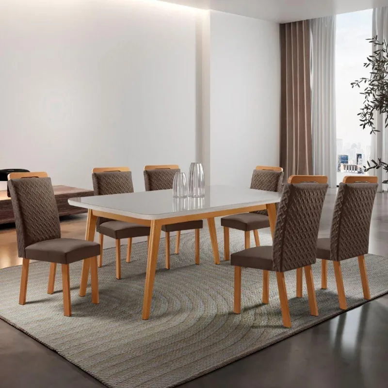 Conjunto de Jantar Copper 6 Lugares Tampo MDF com Vidro Serigrafado e Cadeiras Aline Veludo Marrom