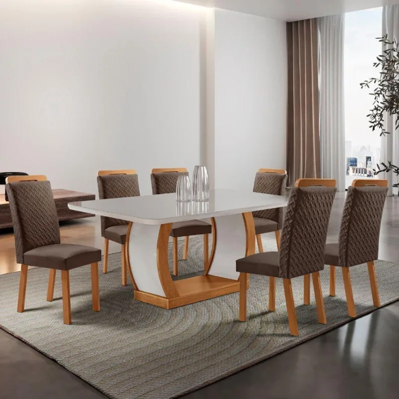 Mesa de Jantar Milena 6 Lugares Retangular MDF com Vidro 180CM Off White Moderna