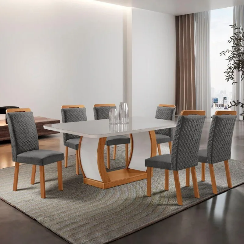 Mesa de Jantar Milena 6 Lugares Retangular MDF com Vidro 180CM Grafite Moderna